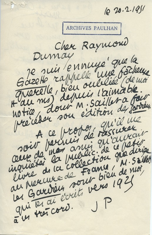 Lettre de Jean Paulhan à Raymond Dumay, 1951-02-20 Lettre de Jean Paulhan à Raymond Dumay, 1951-02-20