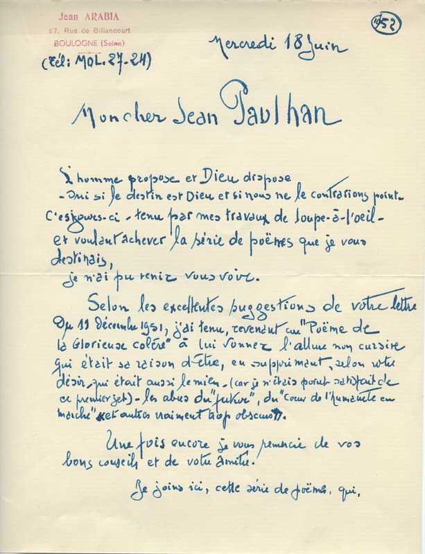 Lettre de Jean Arabia à Jean Paulhan, 1952-06-18