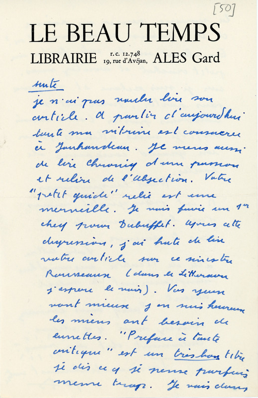 Lettre de Pierre-André Benoit à Jean Paulhan, 1950