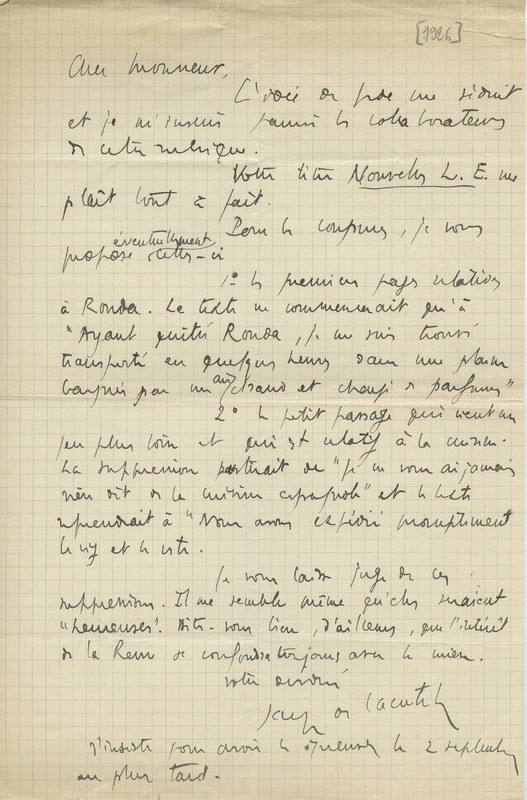 Lettre de Jacques de Lacretelle à Jean Paulhan (1926)