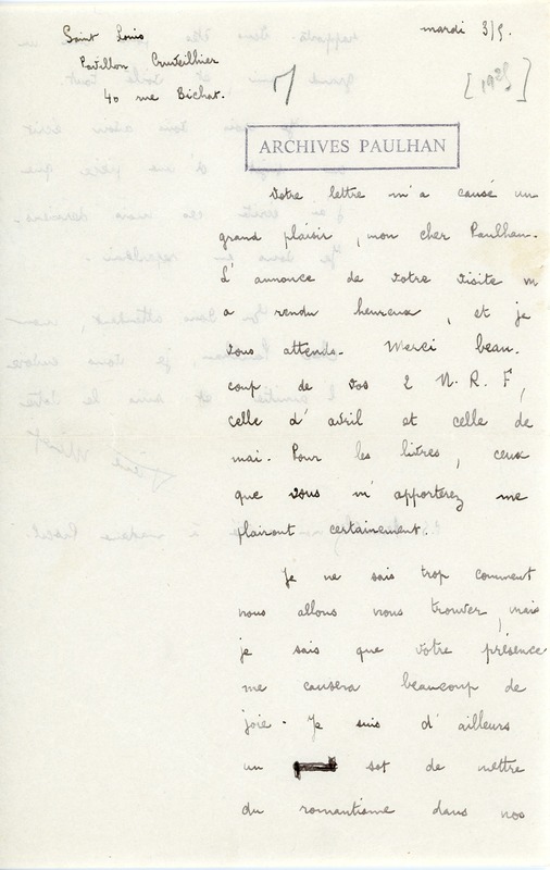 Lettre de Pierre Minet à Jean Paulhan, 1929-09-03 Lettre de Pierre Minet à Jean Paulhan, 1929-09-03