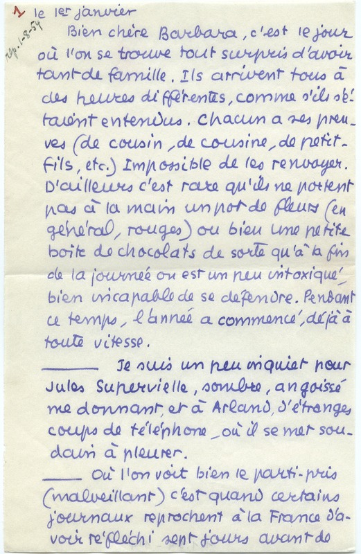 Lettre de Jean Paulhan à Barbara Church (1er janvier 1954)