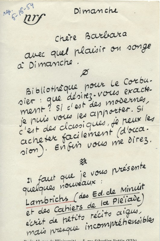 Lettre de Jean Paulhan à Barbara Church (1954)