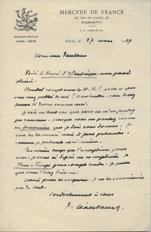 Lettre de Paul Léautaud à Jean Paulhan, 1929-03-27