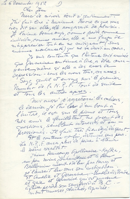 Lettre de Barbara Church à Jean Paulhan (6 décembre 1952)
