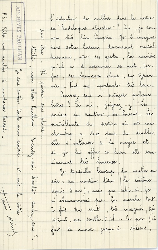 Lettre de Pierre Minet à Jean Paulhan, 1933-09-10