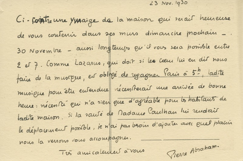 Lettre de Pierre Abraham à Jean Paulhan, 1930-11-23