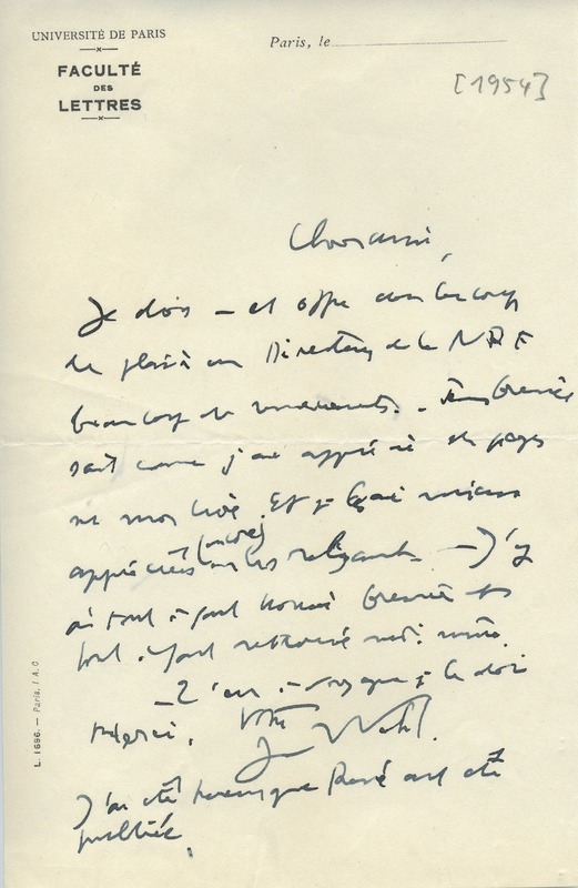 Lettre de Jean Wahl à Jean Paulhan, 1954