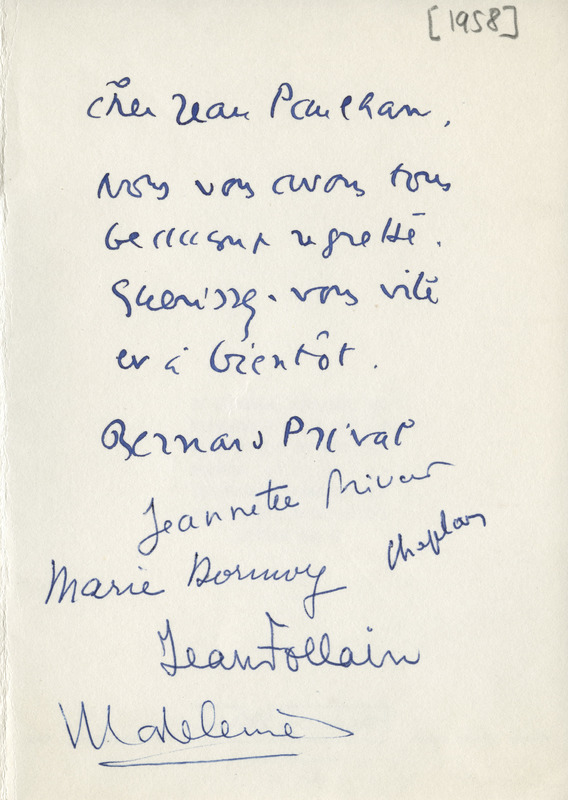 Lettre de Jean Follain à Jean Paulhan, 1958