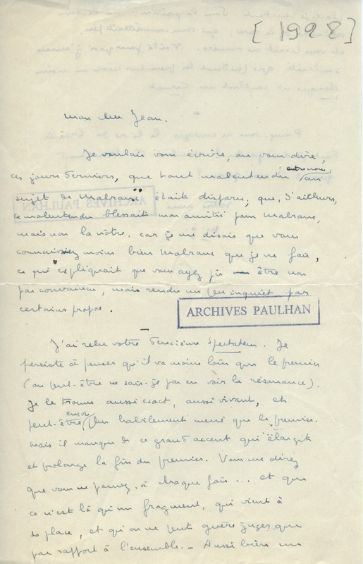 Lettre de Marcel Arland à Jean Paulhan, 1928