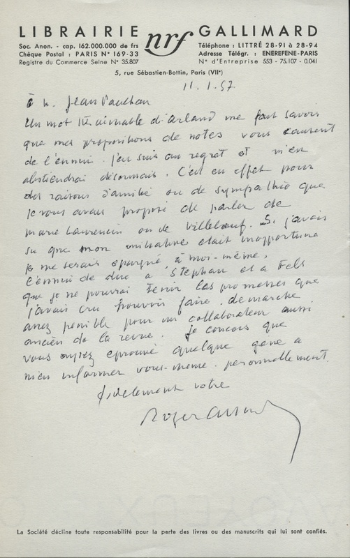 Lettre de Roger Allard à Jean Paulhan, 1957-01-11