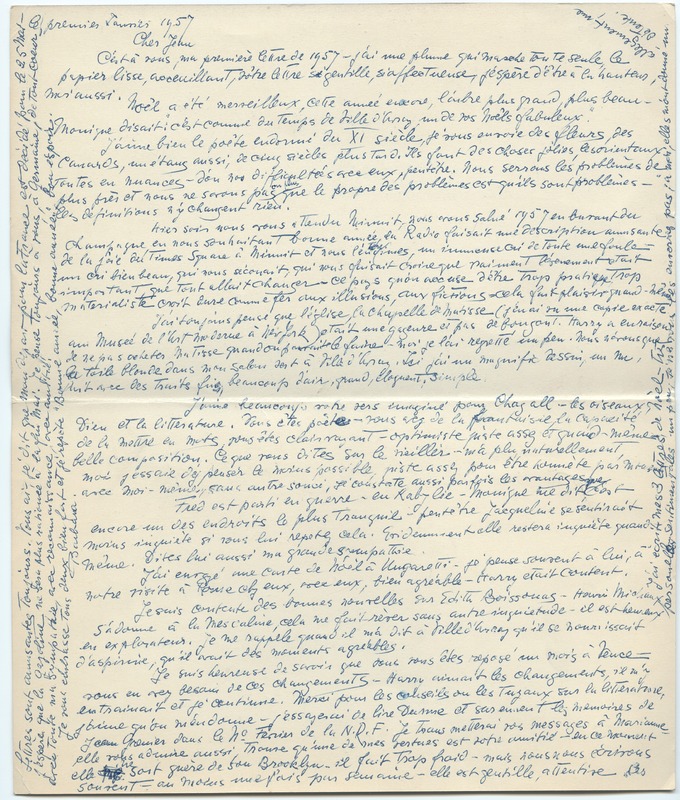 Lettre de Barbara Church à Jean Paulhan (1er janvier 1957)