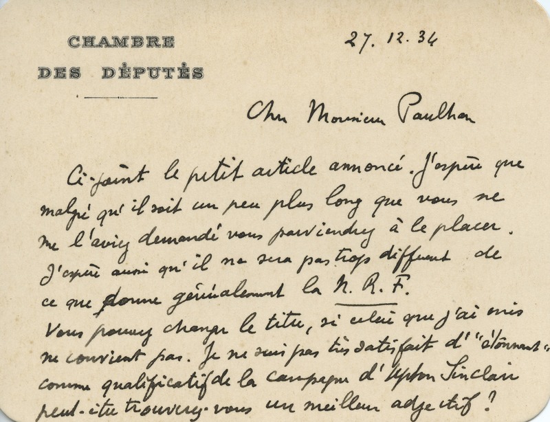 Lettre de Jean Longuet à Jean Paulhan, 1934-12-27 Lettre de Jean Longuet à Jean Paulhan, 1934-12-27