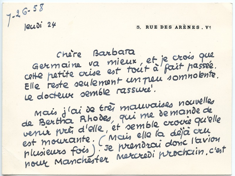 Lettre de Jean Paulhan à Barbara Church (24 juillet 1958)