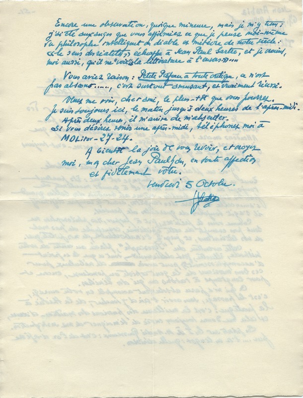 Lettre de Jean Arabia à Jean Paulhan, 1951-10-05