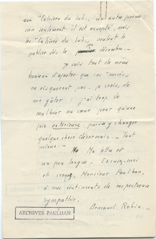 Lettre d'Armand Robin à Jean Paulhan (23 novembre 1936)