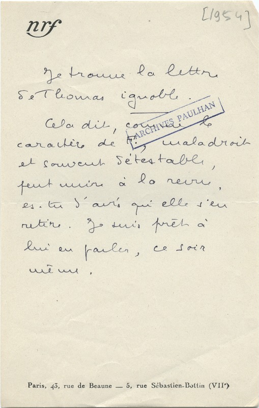 Lettre de Marcel Arland à Jean Paulhan, 1954