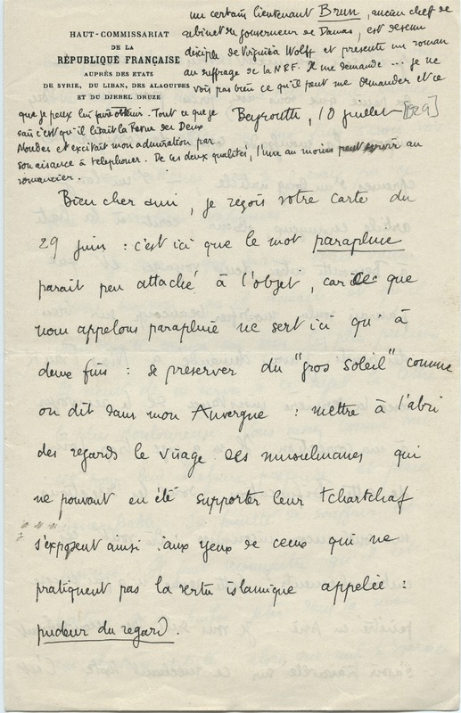 Lettre de Gabriel Bounoure à Jean Paulhan, 1929-07-10