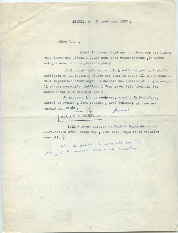 Lettre d'Armand Robin à Jean Paulhan (15 septembre 1957)
