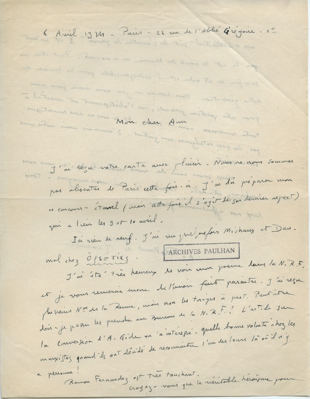 Lettre d'André Rolland de Renéville à Jean Paulhan, 1934-04-06