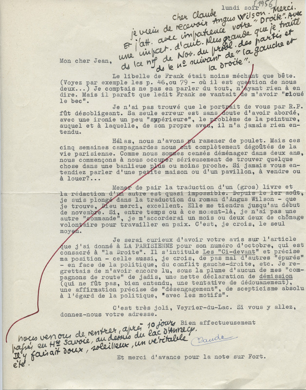 Lettre de Claude Elsen à Jean Paulhan, 1956