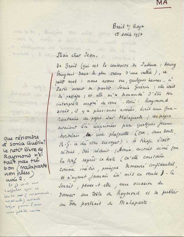 Lettre de Maurice Toesca à Jean Paulhan, 1957-08-15