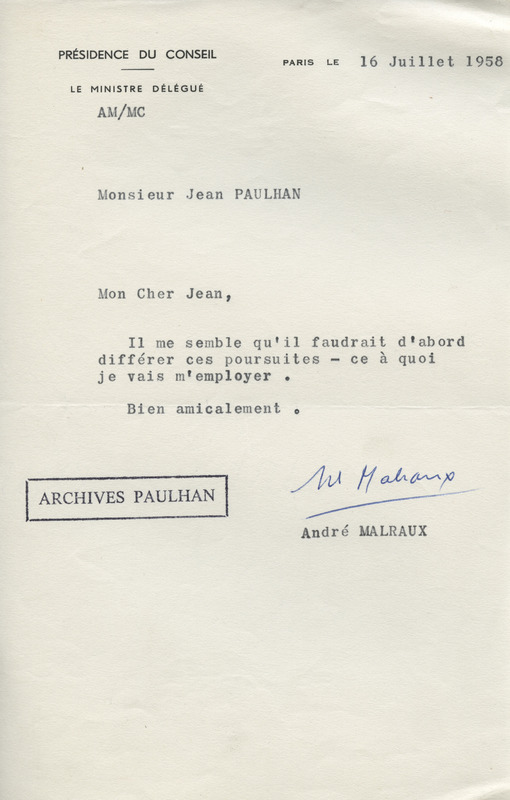 Lettre d'André Malraux à Jean Paulhan, 1958-07-16