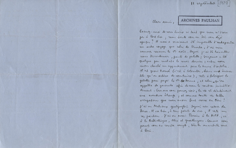 Lettre de Pascal Pia à Jean Paulhan, 1929-09-11 Lettre de Pascal Pia à Jean Paulhan, 1929-09-11