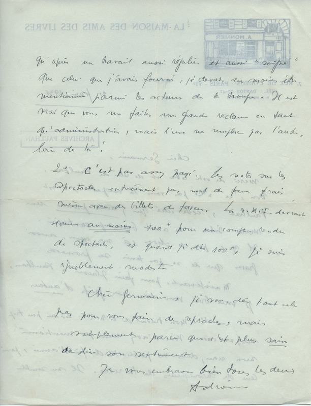 Lettre d'Adrienne Monnier à Jean Paulhan, 1936-02-21