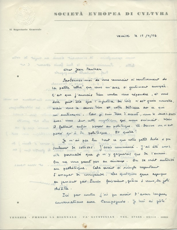 Lettre de Jean Lescure à Jean Paulhan, 1952-04-15