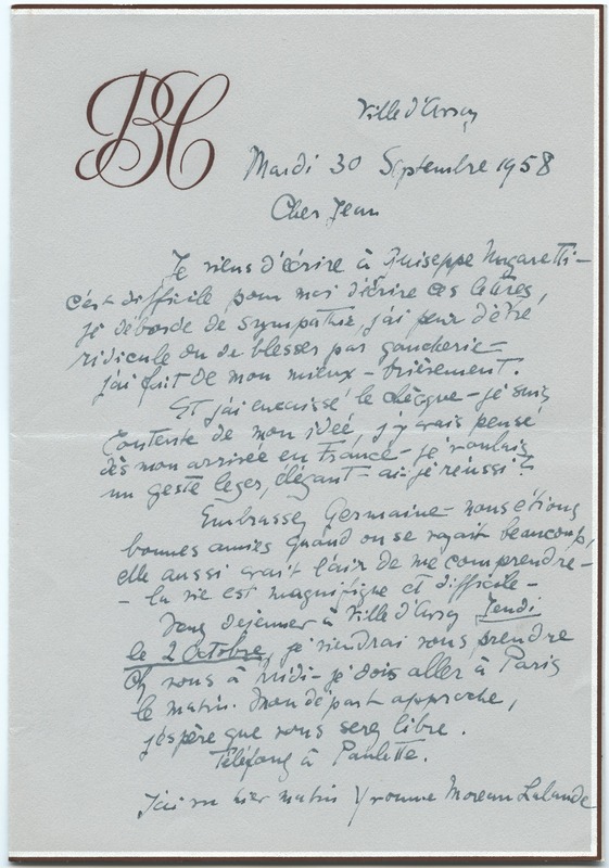 Lettre de Barbara Church à Jean Paulhan (30 septembre 1958)