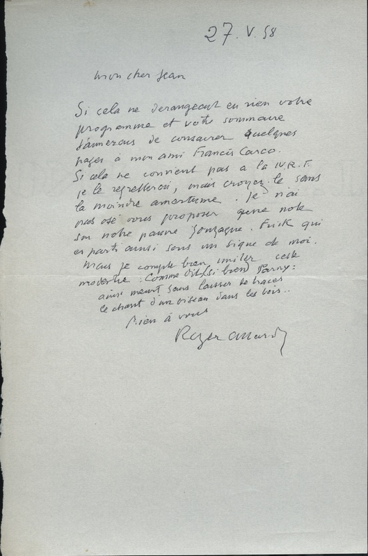 Lettre de Roger Allard à Jean Paulhan, 1958-05-27 Lettre de Roger Allard à Jean Paulhan, 1958-05-27