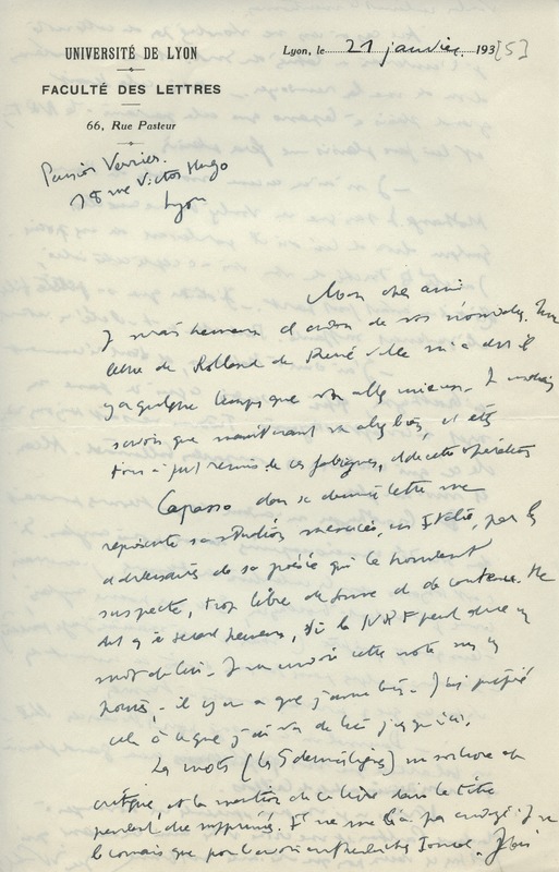 Lettre de Jean Wahl à Jean Paulhan, 1935-01-21