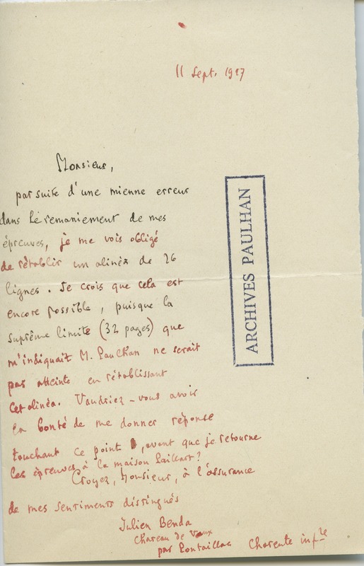 Lettre de Julien Benda à Jean Paulhan, 1927-09-11