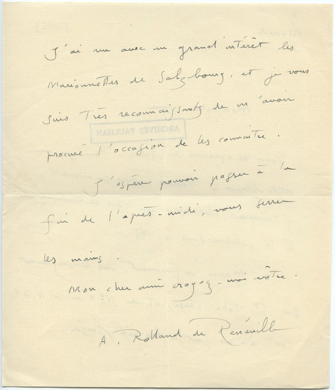 Lettre d'André Rolland de Renéville à Jean Paulhan, 1932 Lettre d'André Rolland de Renéville à Jean Paulhan, 1932