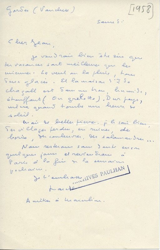 Lettre de Marcel Arland à Jean Paulhan, 1958 Lettre de Marcel Arland à Jean Paulhan, 1958