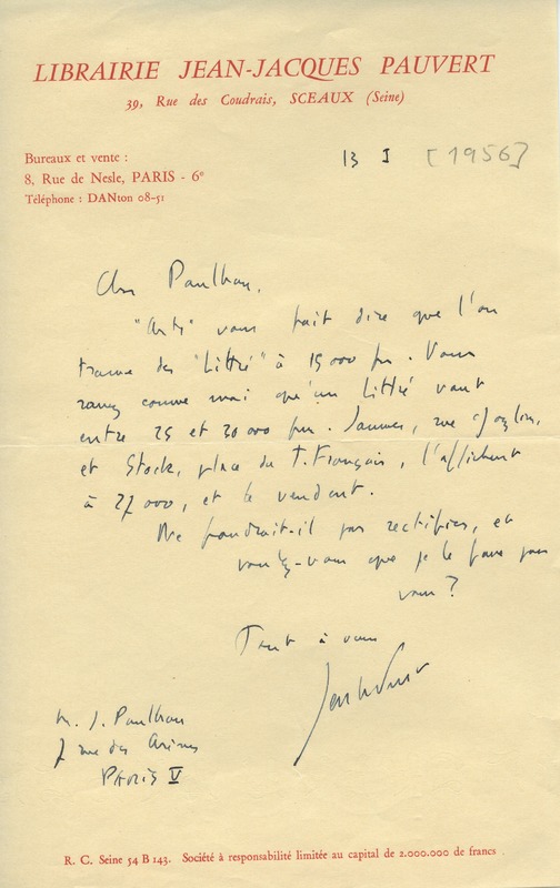 Lettre de Jean-Jacques Pauvert à Jean Paulhan, 1956-01-13