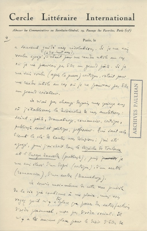 Lettre de Benjamin Crémieux à Jean Paulhan, 1925-10-23