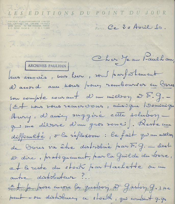 Lettre de René Bertelé à Jean Paulhan, 1950-04-20