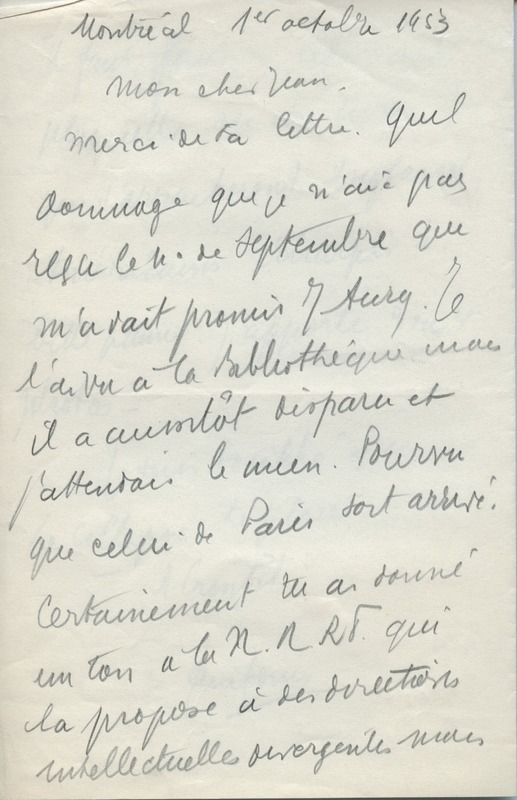 Lettre de René-Louis Doyon à Jean Paulhan, 1953-10-01