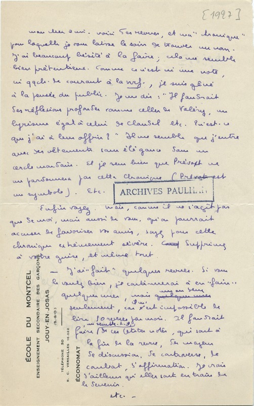 Lettre de Marcel Arland à Jean Paulhan, 1927