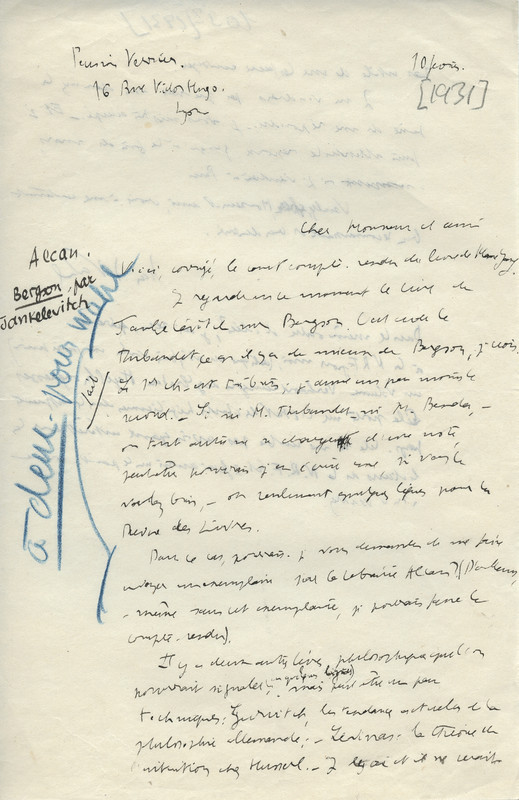 Lettre de Jean Wahl à Jean Paulhan, 1931-02-10