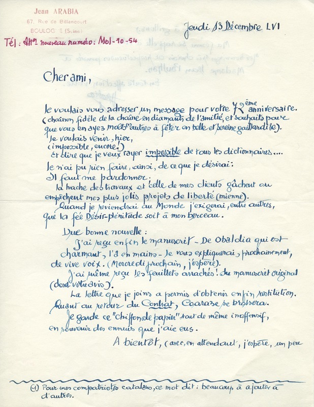 Lettre de Jean Arabia à Jean Paulhan, 1956-12-13