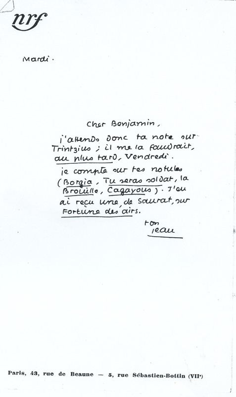 Lettre de Jean Paulhan à Benjamin Crémieux, 1931 Lettre de Jean Paulhan à Benjamin Crémieux, 1931
