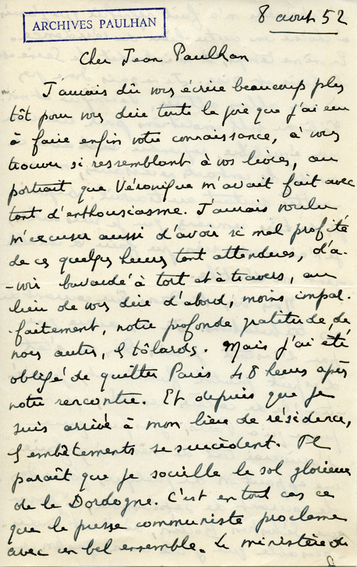 Lettre de Lucien Rebatet à Jean Paulhan, 1952-08-08