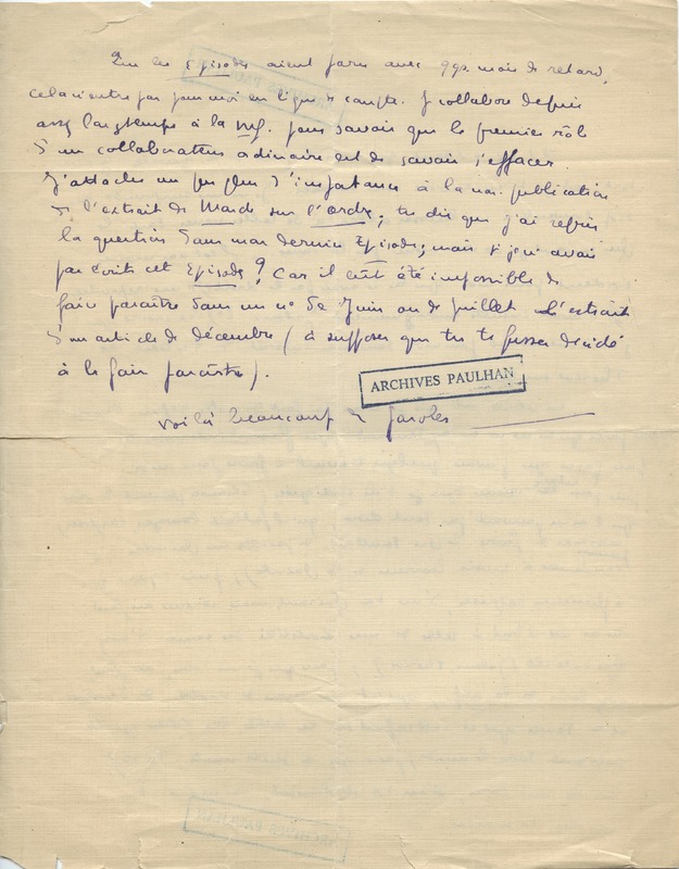 Lettre de Marcel Arland à Jean Paulhan, 1925 Lettre de Marcel Arland à Jean Paulhan, 1925