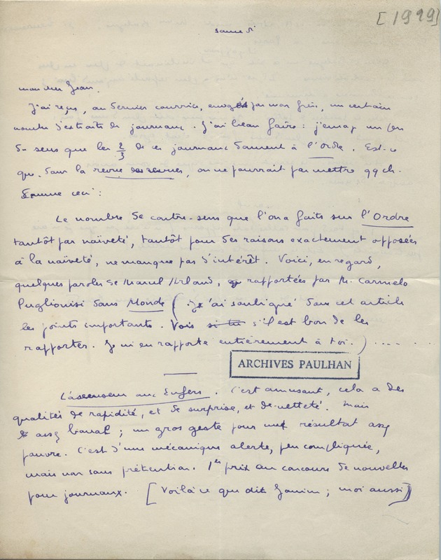 Lettre de Marcel Arland à Jean Paulhan, 1929