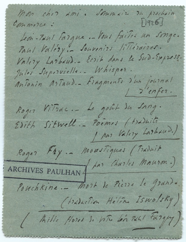 Lettre de Léon-Paul Fargue à Jean Paulhan (16 avril 1926)