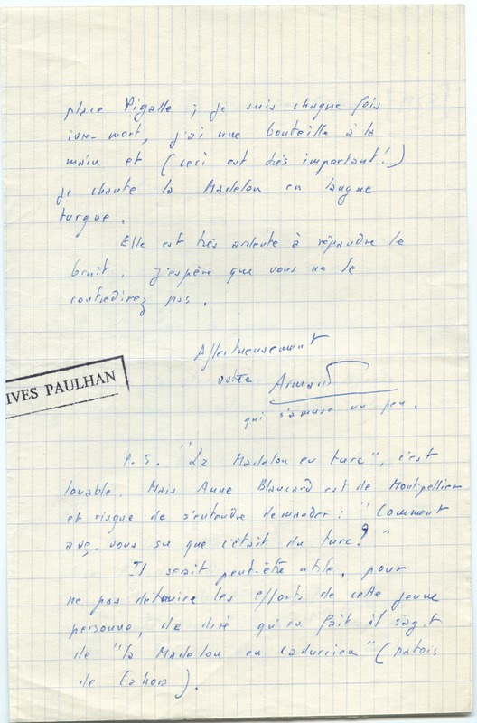 Lettre d'Armand Robin à Jean Paulhan (16 février 1958)