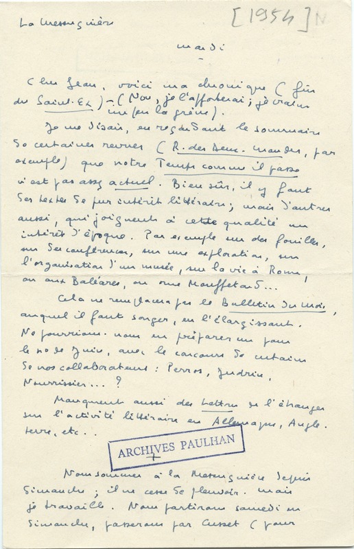 Lettre de Marcel Arland à Jean Paulhan, 1954 Lettre de Marcel Arland à Jean Paulhan, 1954